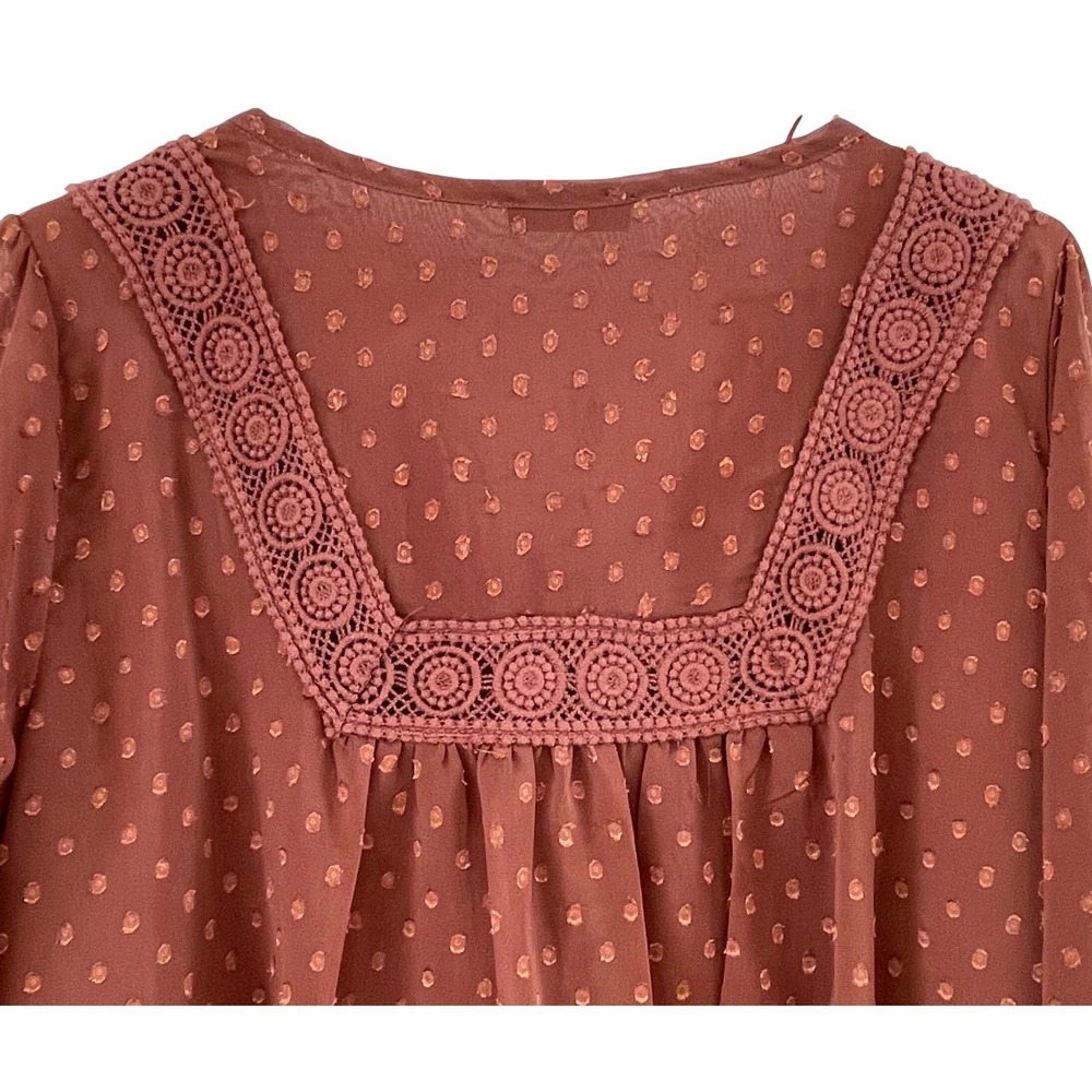 Miss Me Swiss Dot Blouse Women Large Rust Good Boho Crochet Tassel - Picture 10 of 13